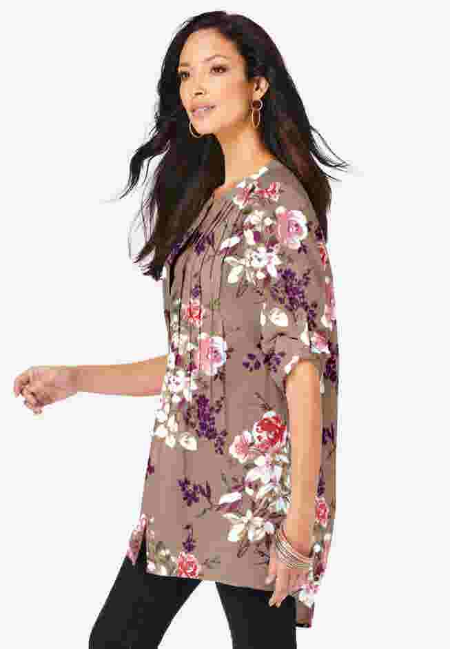 Plus Size Floral Y-Neck Pintuck Tunic – Adjustable Long Sleeve Button-Front, Relaxed Shirt Style image number 2