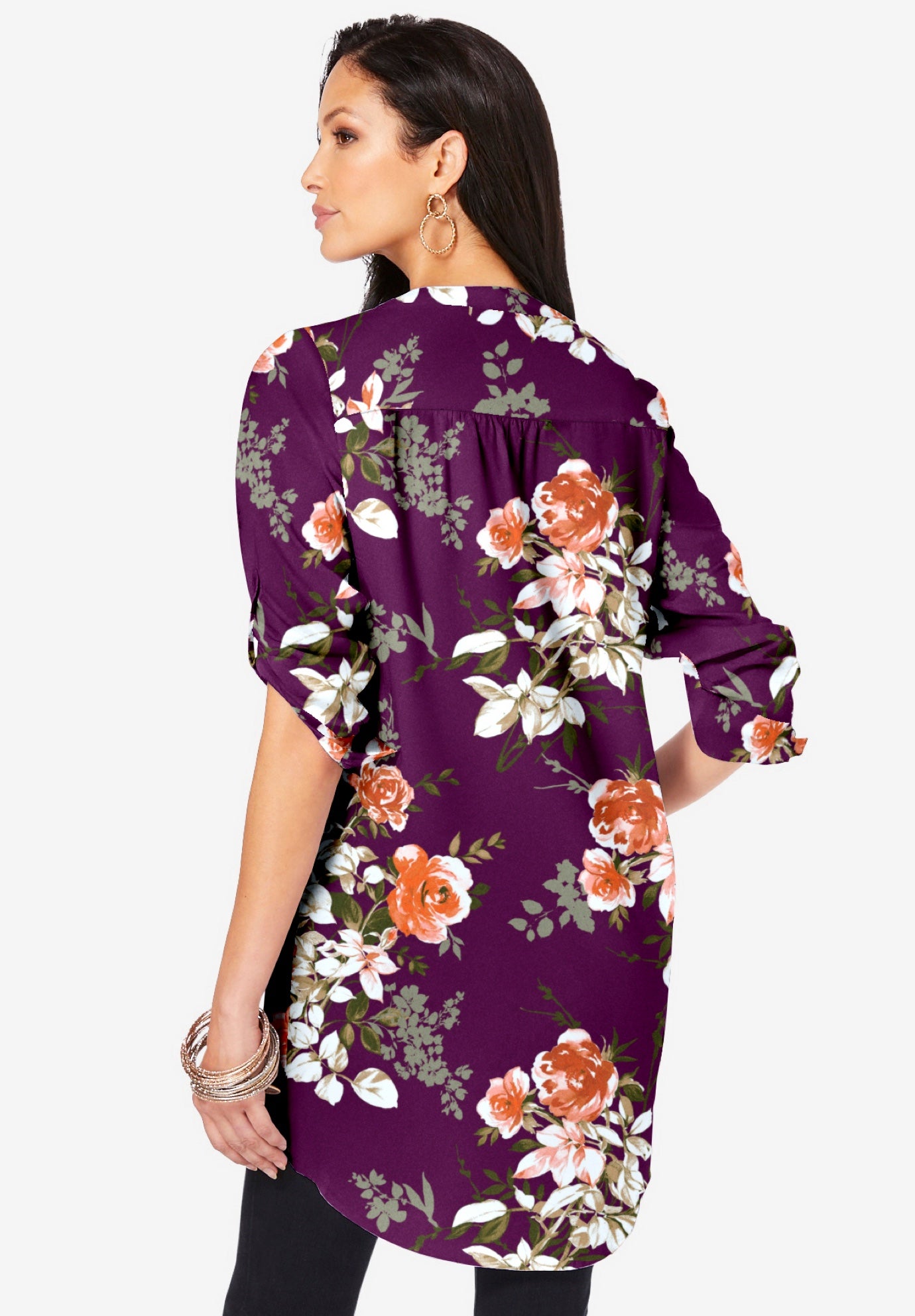 Plus Size Floral Y-Neck Pintuck Tunic – Adjustable Long Sleeve Button-Front, Relaxed Shirt Style image number 1
