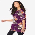 Plus Size Floral Y-Neck Pintuck Tunic – Adjustable Long Sleeve Button-Front, Relaxed Shirt Style image number null