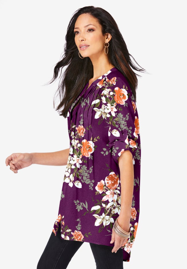 Plus Size Floral Y-Neck Pintuck Tunic – Adjustable Long Sleeve Button-Front, Relaxed Shirt Style image number 2