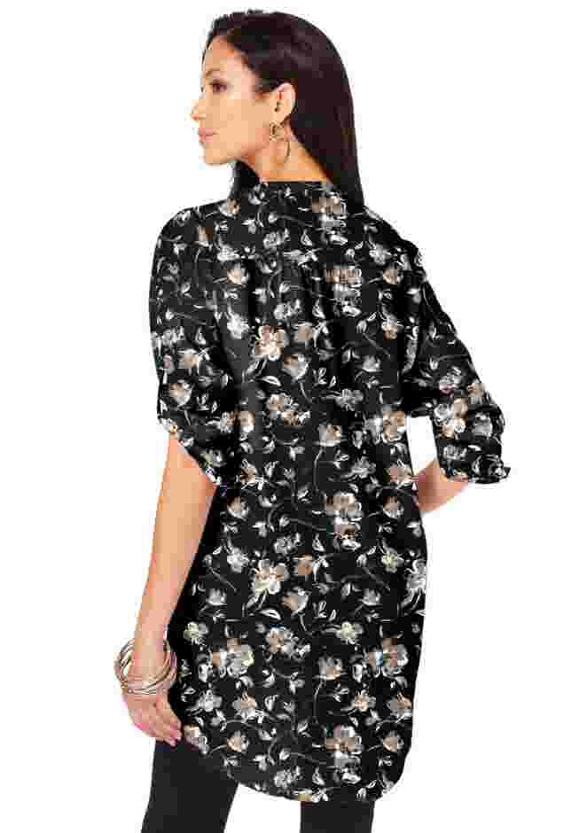 Plus Size Floral Y-Neck Pintuck Tunic – Adjustable Long Sleeve Button-Front, Relaxed Shirt Style image number 1