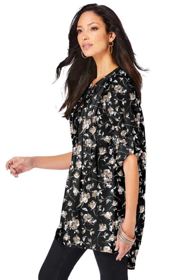Plus Size Floral Y-Neck Pintuck Tunic – Adjustable Long Sleeve Button-Front, Relaxed Shirt Style image number 2
