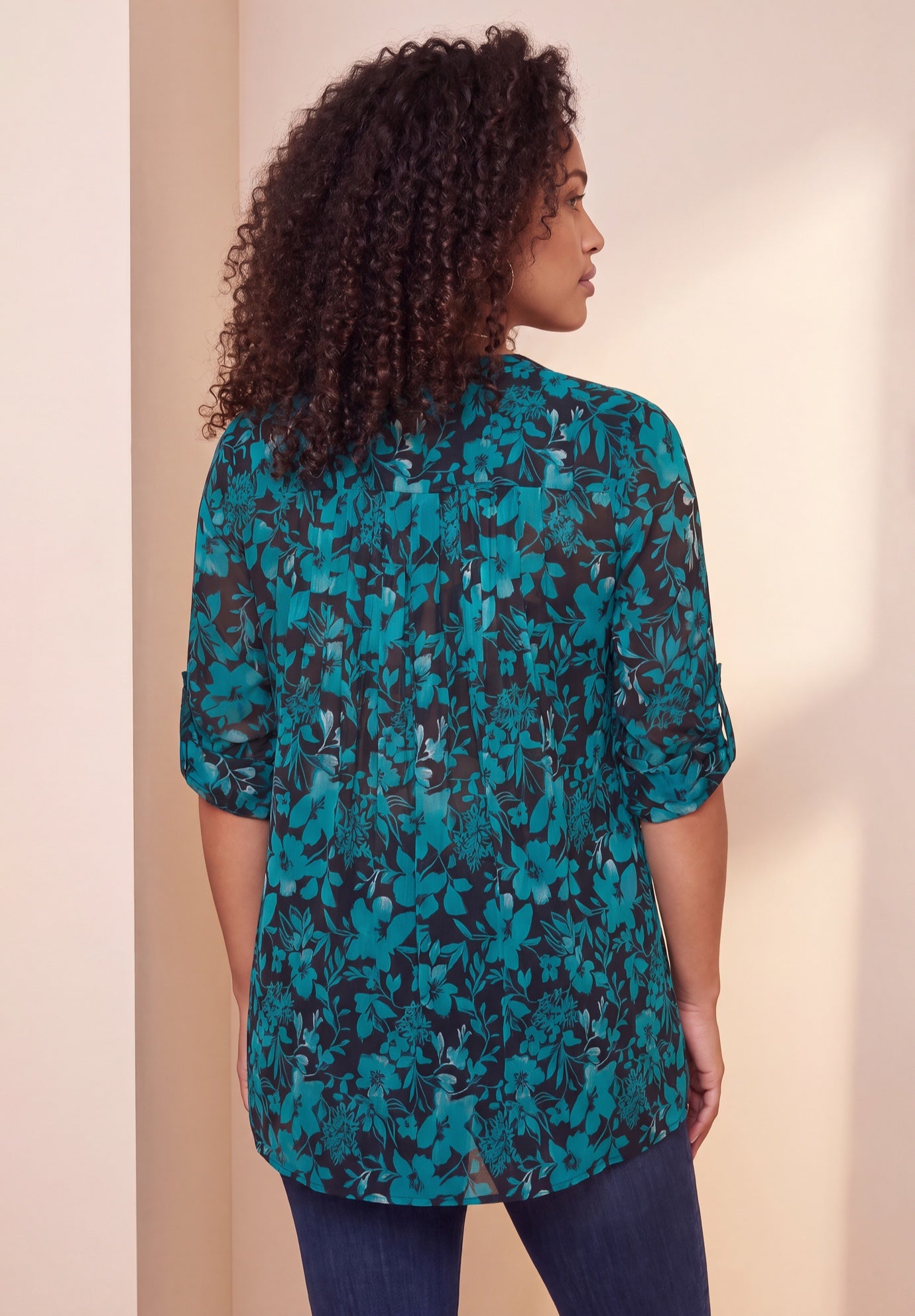 Plus Size Pintuck Tunic Blouse &ndash; Y-Neck & Roll-Tab Sleeves image number 1