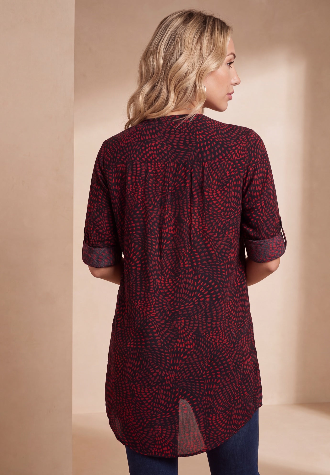 Plus Size Pintuck Tunic Blouse &ndash; Y-Neck & Roll-Tab Sleeves image number 1