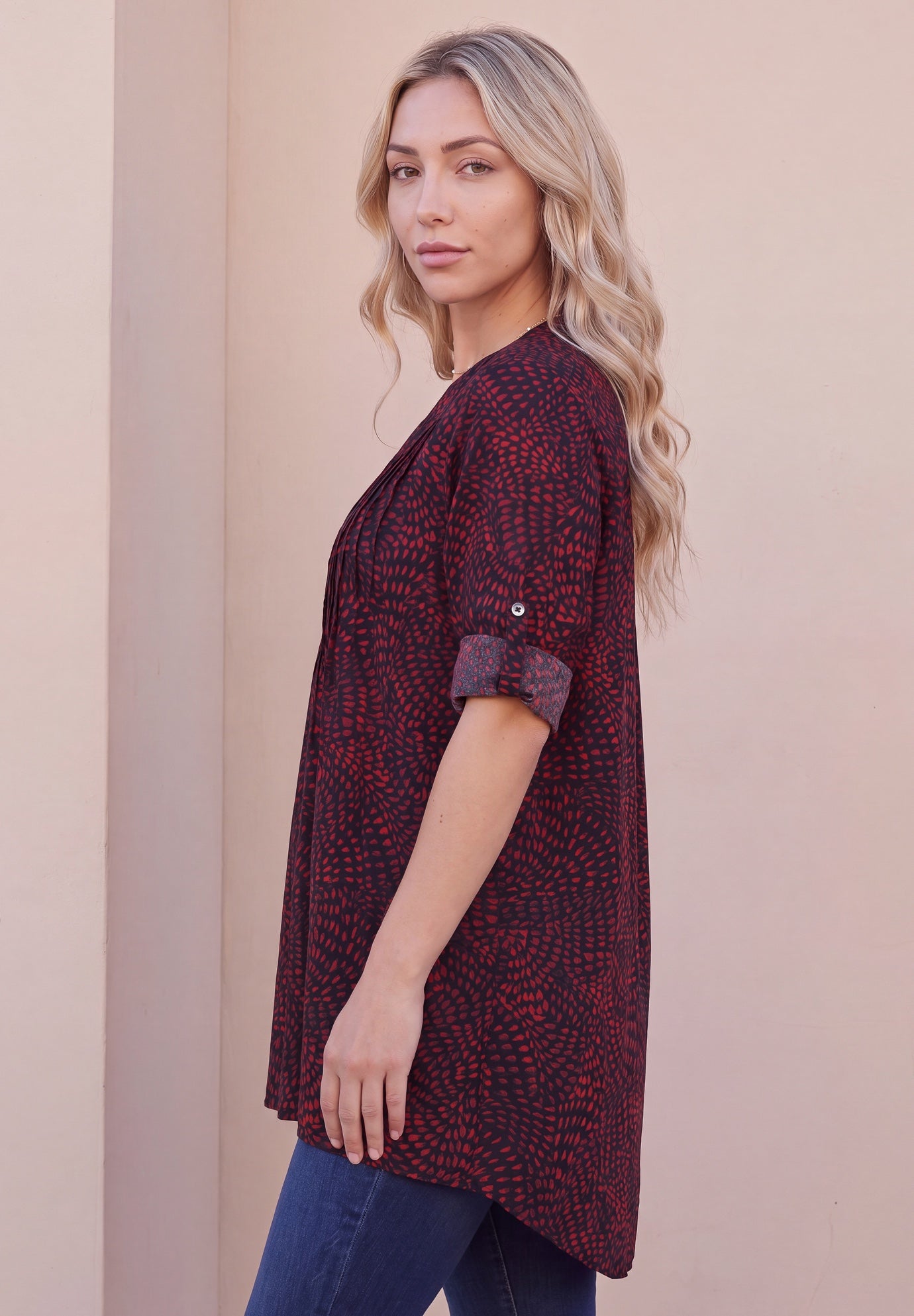 Plus Size Pintuck Tunic Blouse &ndash; Y-Neck & Roll-Tab Sleeves image number 2