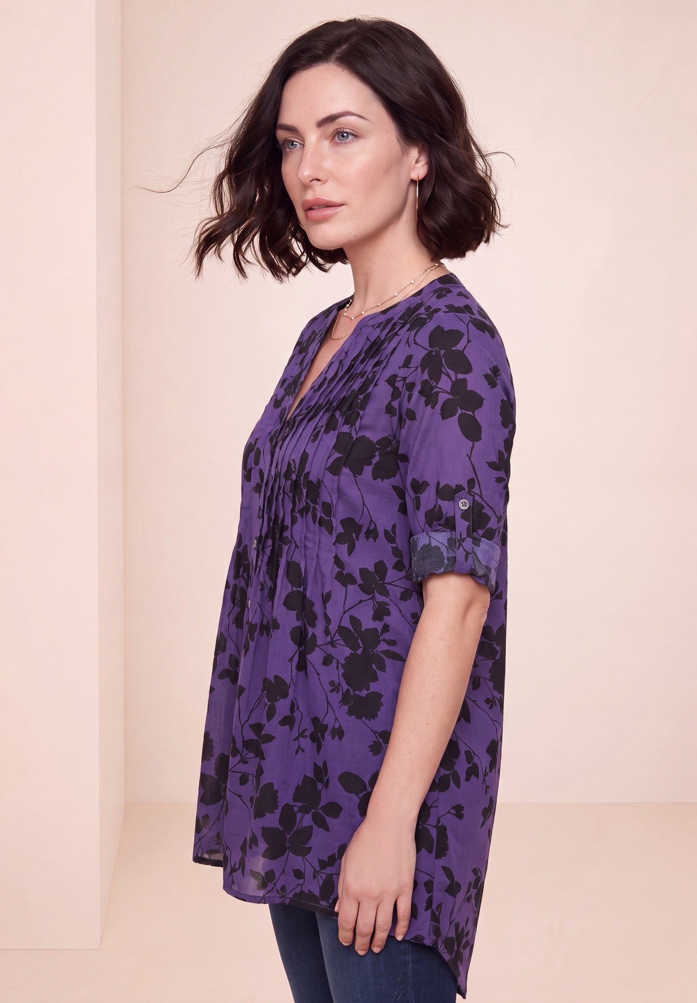 Plus Size Pintuck Tunic Blouse &ndash; Y-Neck & Roll-Tab Sleeves image number 2