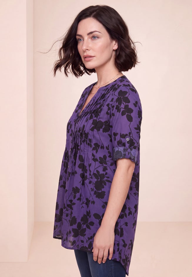 Plus Size Pintuck Tunic Blouse &ndash; Y-Neck & Roll-Tab Sleeves image number 2