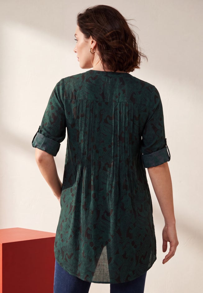 Plus Size Pintuck Tunic Blouse &ndash; Y-Neck & Roll-Tab Sleeves image number 1