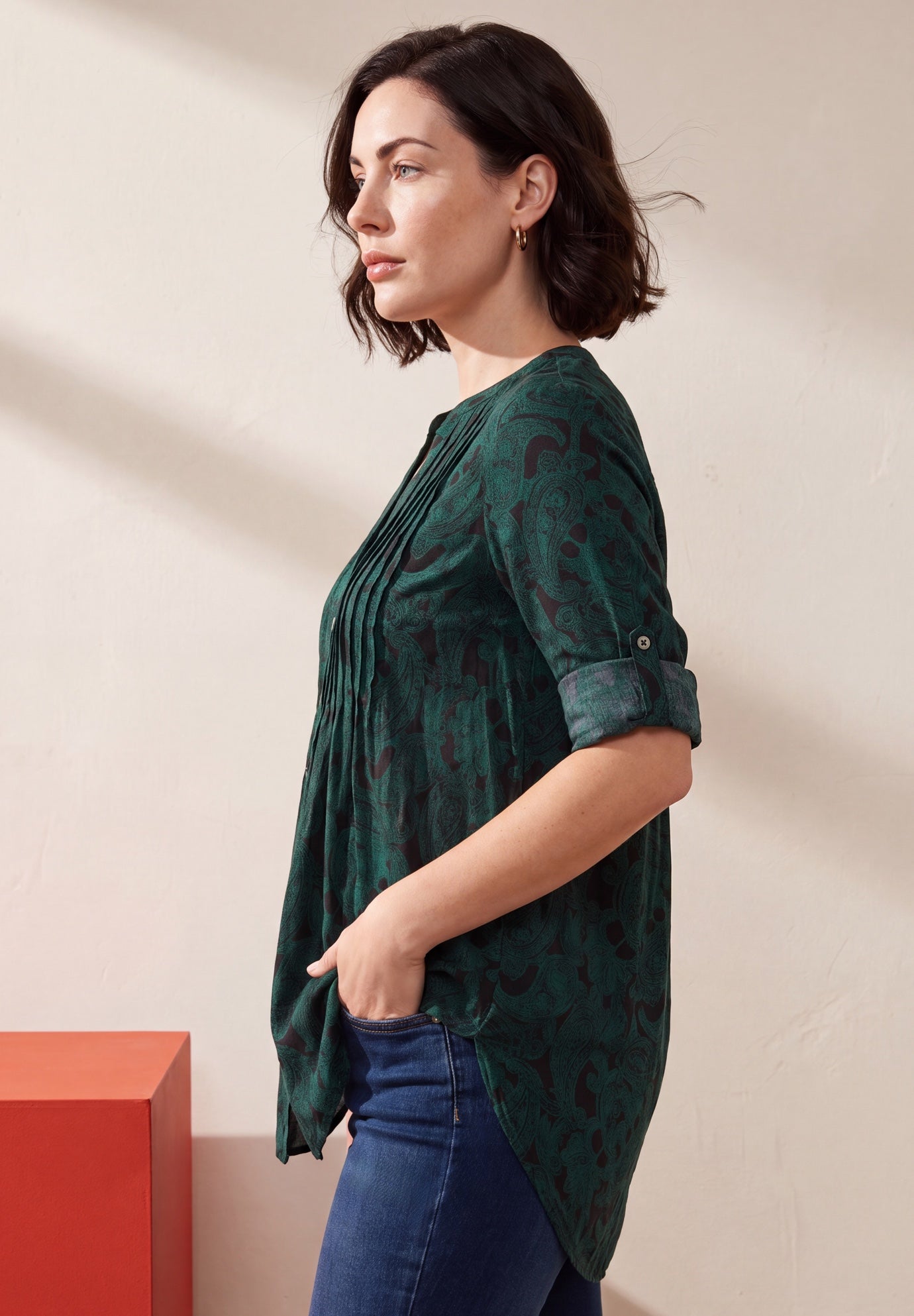 Plus Size Pintuck Tunic Blouse &ndash; Y-Neck & Roll-Tab Sleeves image number 2