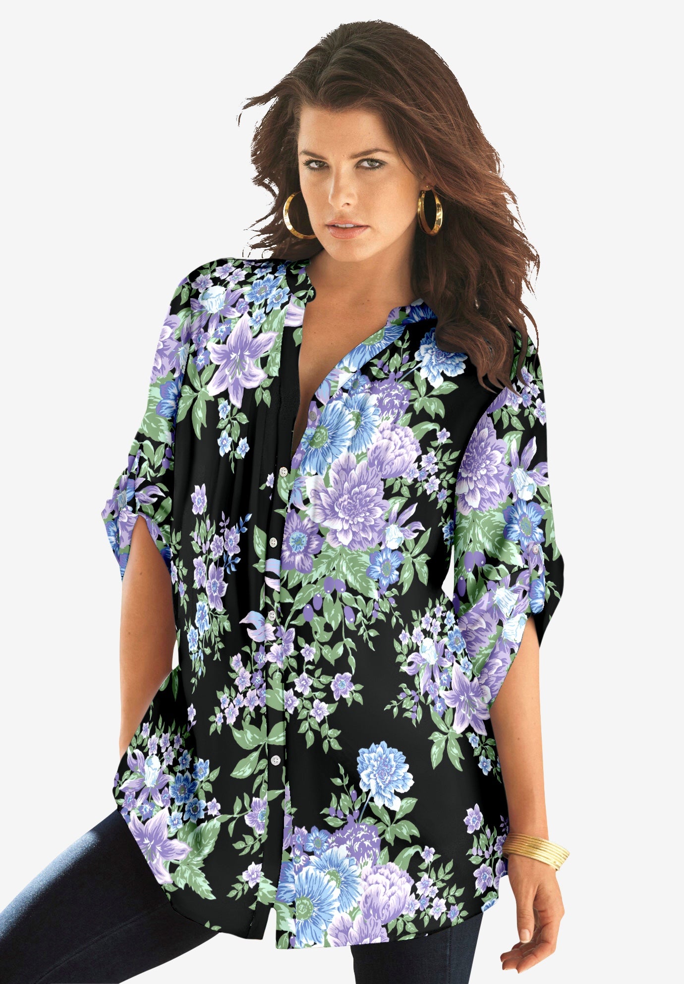 Plus Size Floral Y-Neck Pintuck Tunic &ndash; Adjustable Long Sleeve Button-Front, Relaxed Shirt Style image number 0