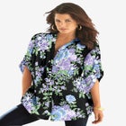 Plus Size Floral Y-Neck Pintuck Tunic &ndash; Adjustable Long Sleeve Button-Front, Relaxed Shirt Style image number null