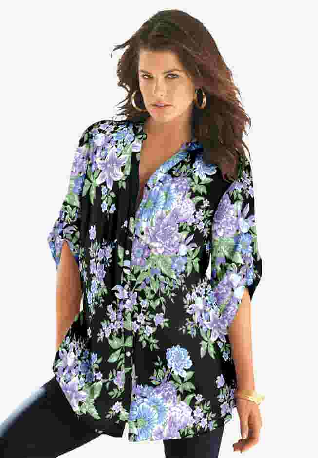 Plus Size Floral Y-Neck Pintuck Tunic – Adjustable Long Sleeve Button-Front, Relaxed Shirt Style image number 0