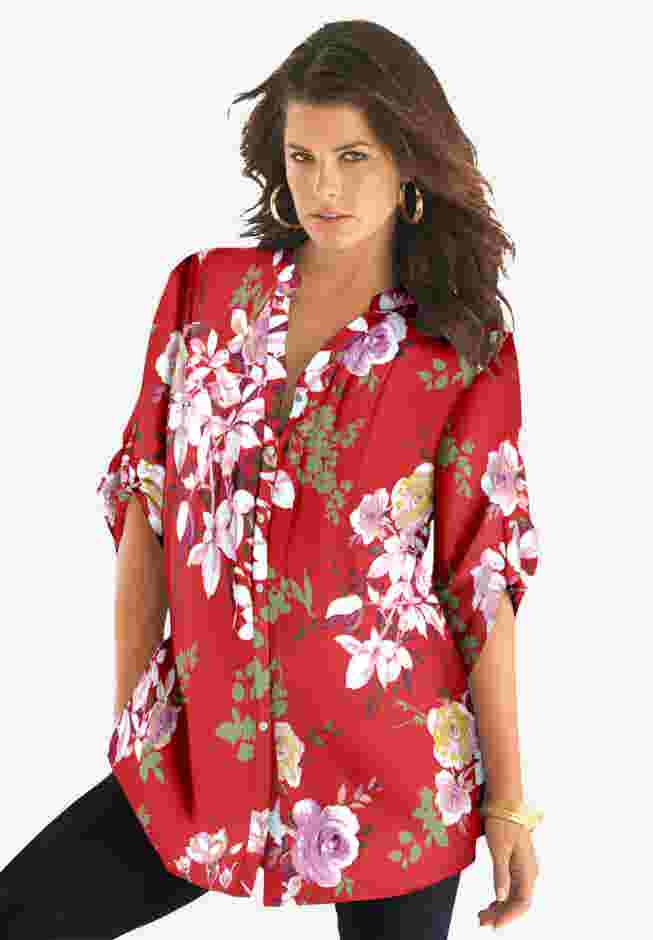 Plus Size Floral Y-Neck Pintuck Tunic – Adjustable Long Sleeve Button-Front, Relaxed Shirt Style image number 0