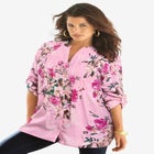 Plus Size Floral Y-Neck Pintuck Tunic – Adjustable Long Sleeve Button-Front, Relaxed Shirt Style image number null