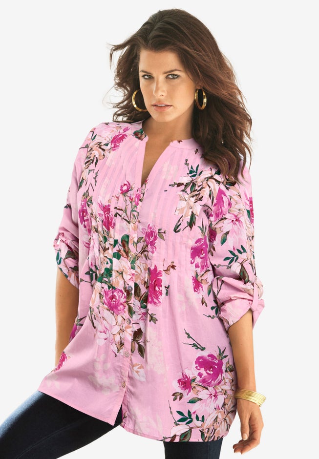 Plus Size Floral Y-Neck Pintuck Tunic – Adjustable Long Sleeve Button-Front, Relaxed Shirt Style image number 3