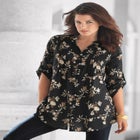 Plus Size Floral Y-Neck Pintuck Tunic &ndash; Adjustable Long Sleeve Button-Front, Relaxed Shirt Style image number null