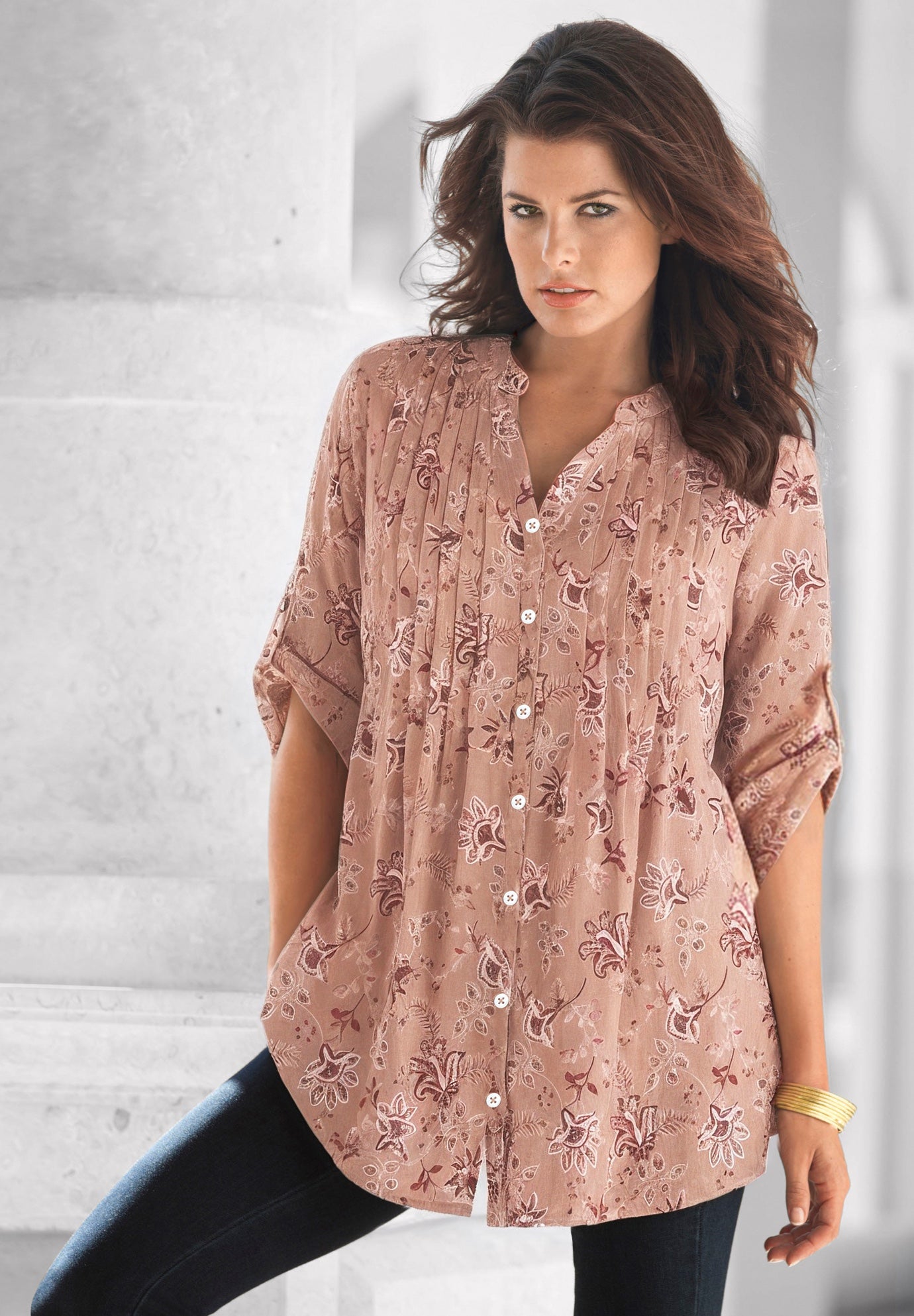 Plus Size Floral Y-Neck Pintuck Tunic &ndash; Adjustable Long Sleeve Button-Front, Relaxed Shirt Style image number 0