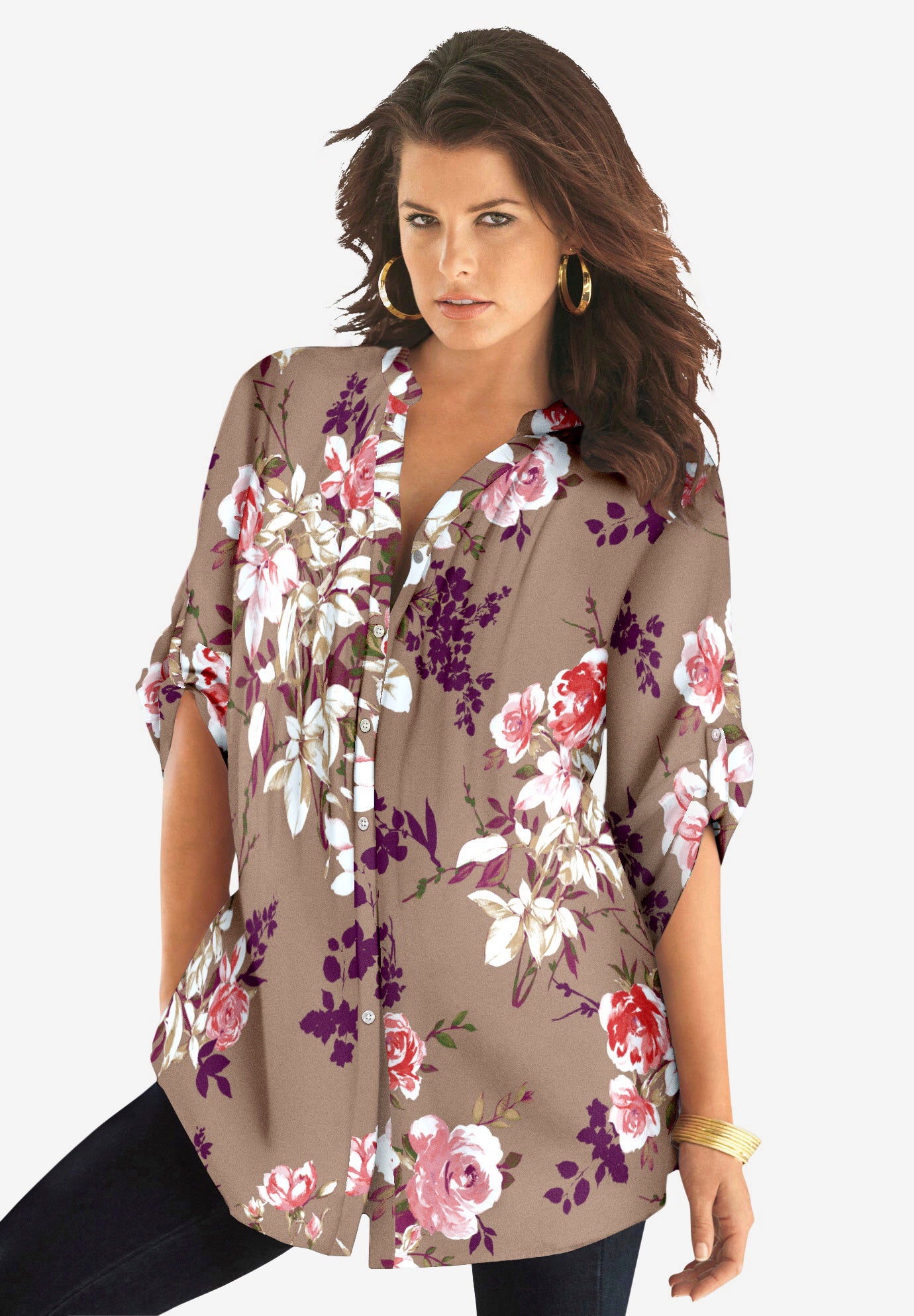 Plus Size Floral Y-Neck Pintuck Tunic &ndash; Adjustable Long Sleeve Button-Front, Relaxed Shirt Style image number 0