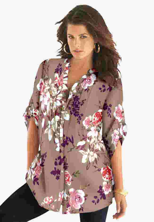 Plus Size Floral Y-Neck Pintuck Tunic – Adjustable Long Sleeve Button-Front, Relaxed Shirt Style image number 0