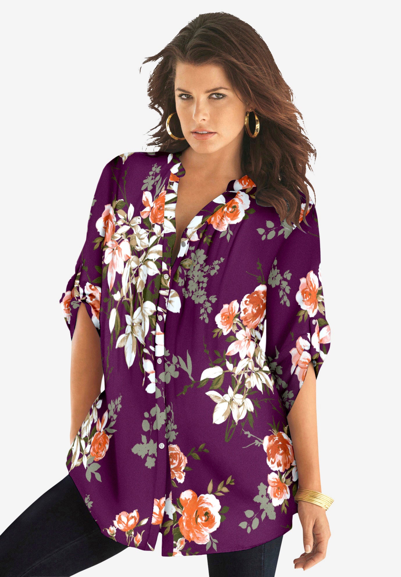 Plus Size Floral Y-Neck Pintuck Tunic – Adjustable Long Sleeve Button-Front, Relaxed Shirt Style image number 0