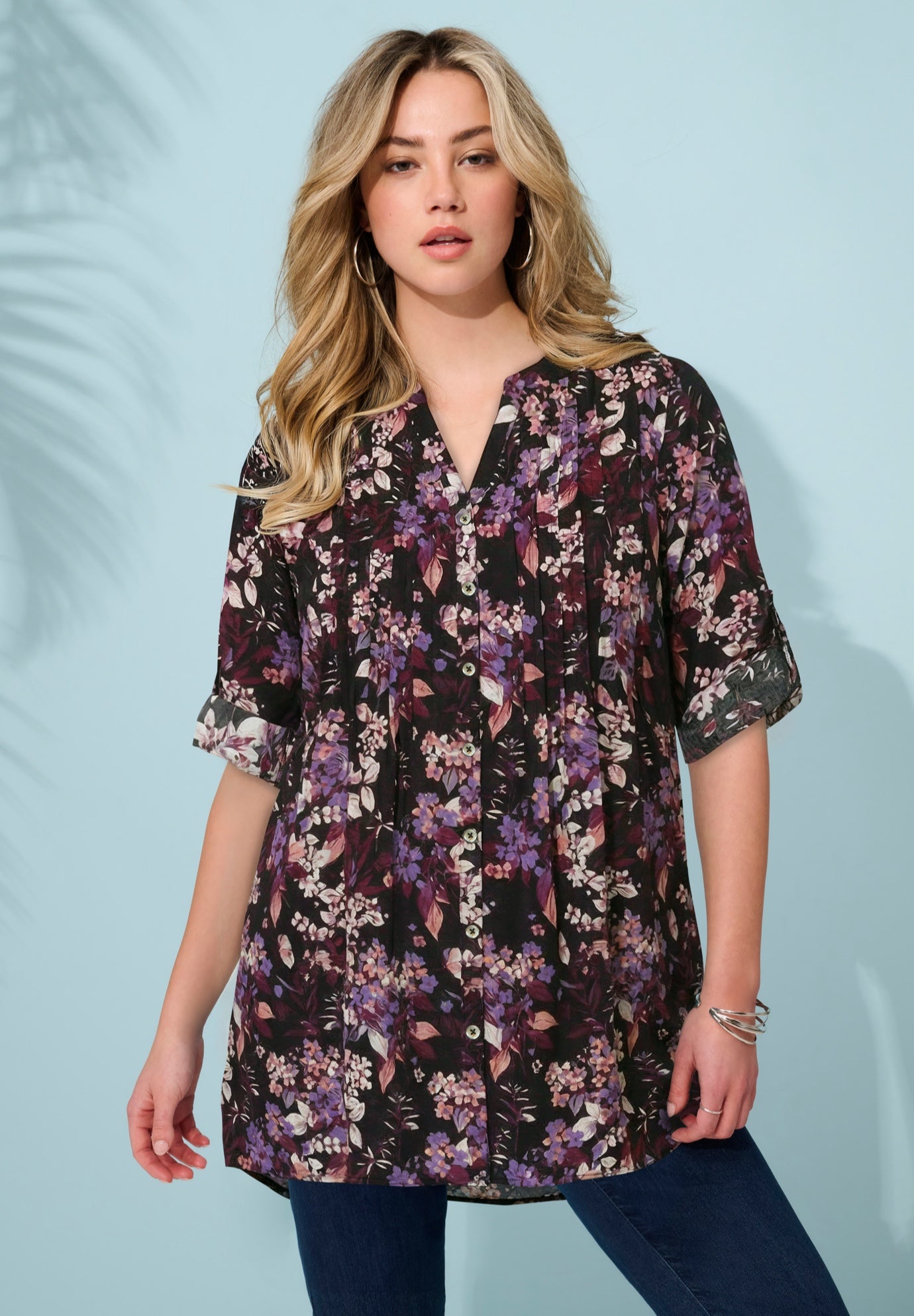 Plus Size Pintuck Tunic Blouse &ndash; Y-Neck & Roll-Tab Sleeves image number 0