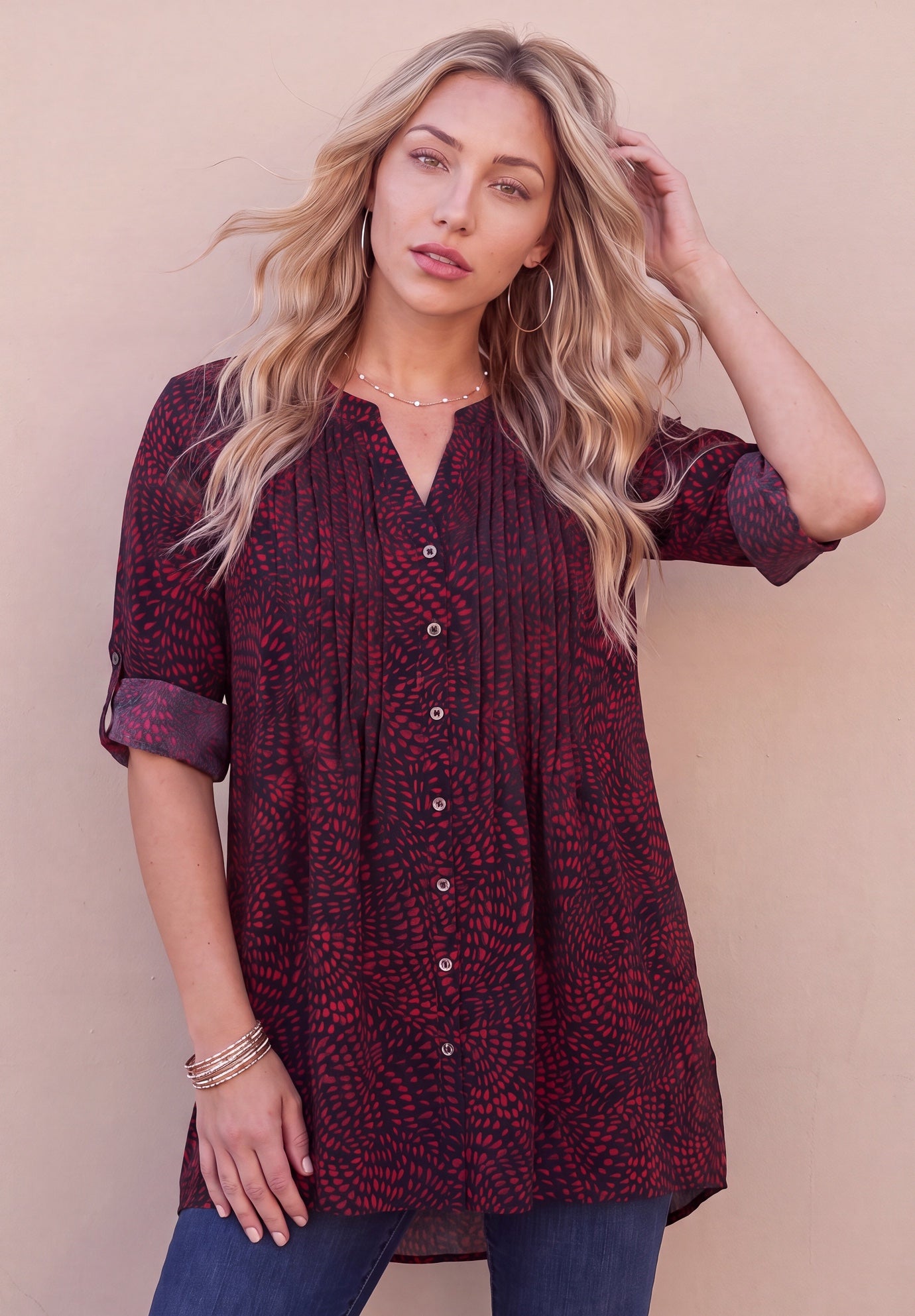 Plus Size Pintuck Tunic Blouse &ndash; Y-Neck & Roll-Tab Sleeves image number 0