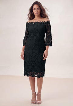 roamans cocktail dresses Roaman's Women's Plus Size 3/4 Sleeve Formal Duster Sequin Embellished Lace Dress Set, Size: 18W, Black
