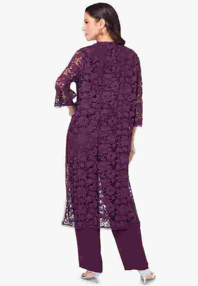 Plus Size 3-Piece Allover Lace Duster Pant Set – Formal Wear image number 1