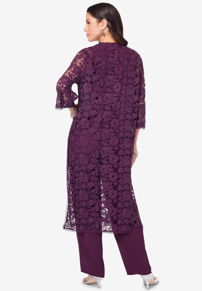 Plus Size 3-Piece Allover Lace Duster Pant Set – Formal Wear image number 1