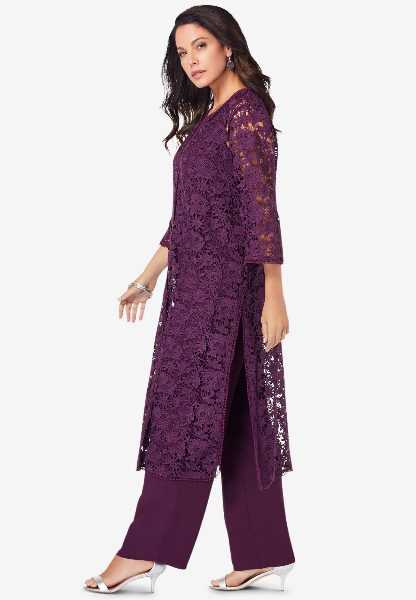 Plus Size 3-Piece Allover Lace Duster Pant Set – Formal Wear image number 2