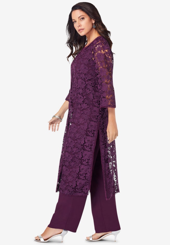 Plus Size 3-Piece Allover Lace Duster Pant Set – Formal Wear image number 2