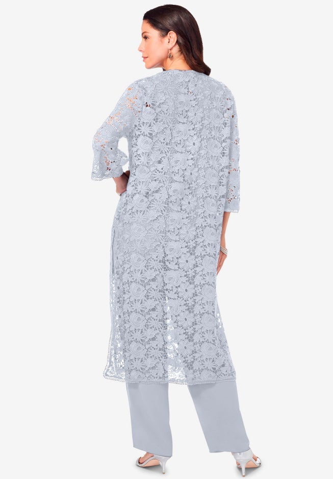 Plus Size 3-Piece Allover Lace Duster Pant Set – Formal Wear image number 2