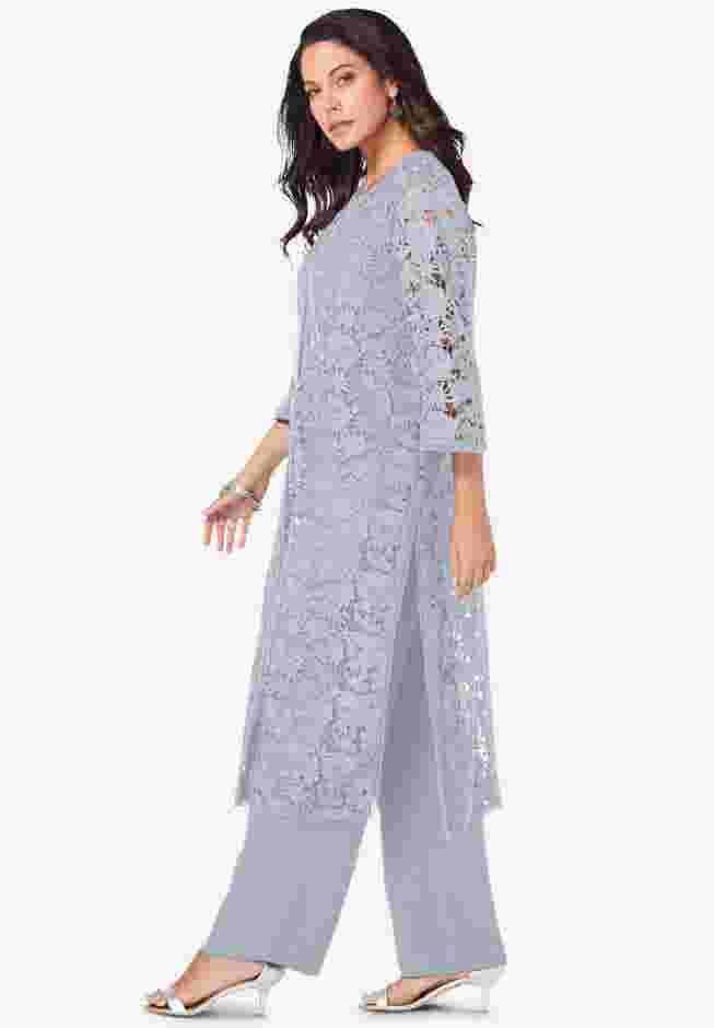 Plus Size 3-Piece Allover Lace Duster Pant Set – Formal Wear image number 1