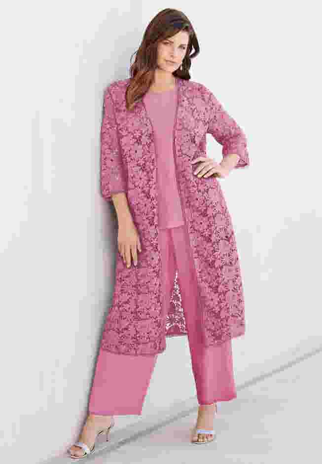 Plus Size 3-Piece Allover Lace Duster Pant Set – Formal Wear image number 0