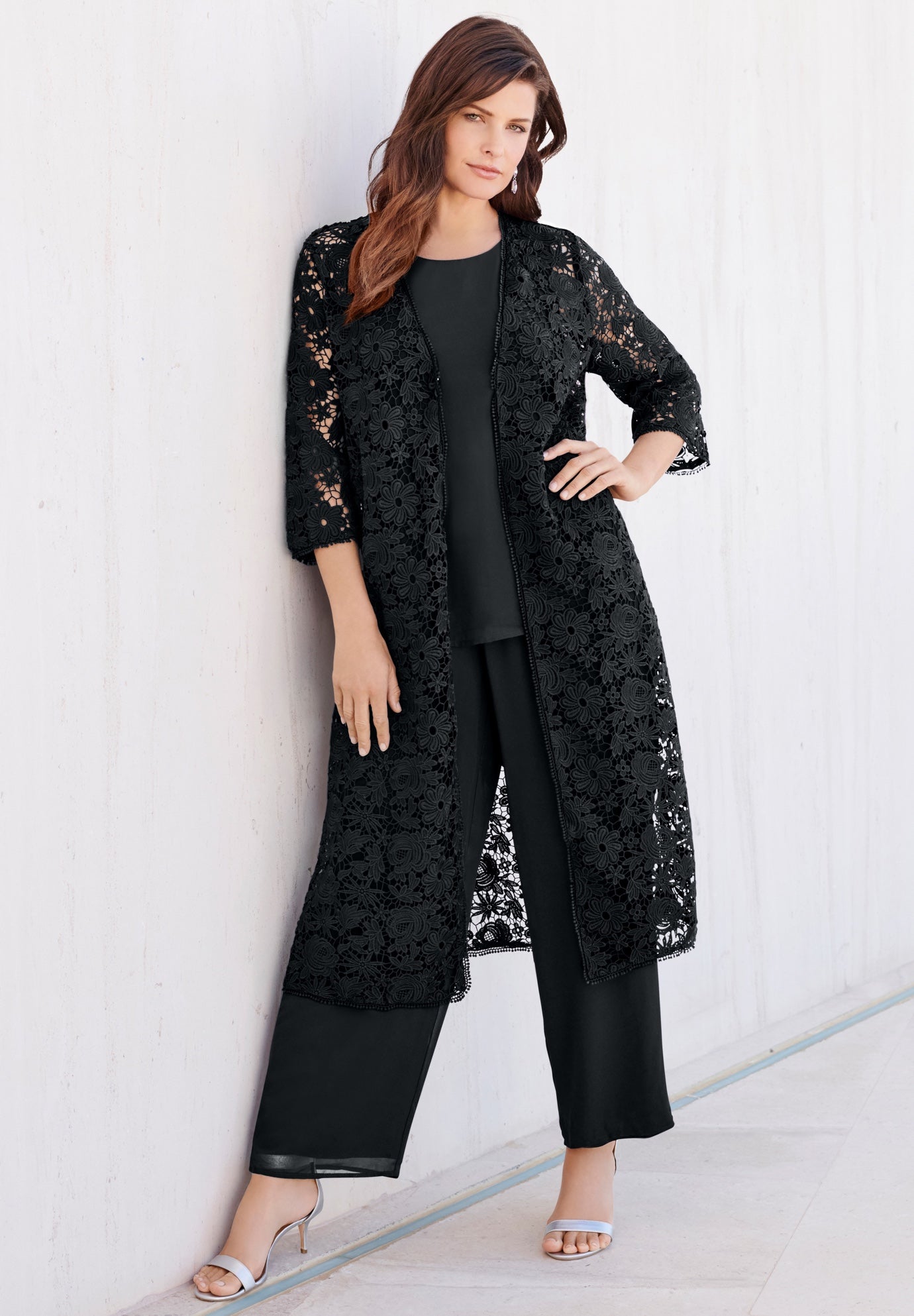Plus Size 3-Piece Allover Lace Duster Pant Set – Formal Wear image number 0