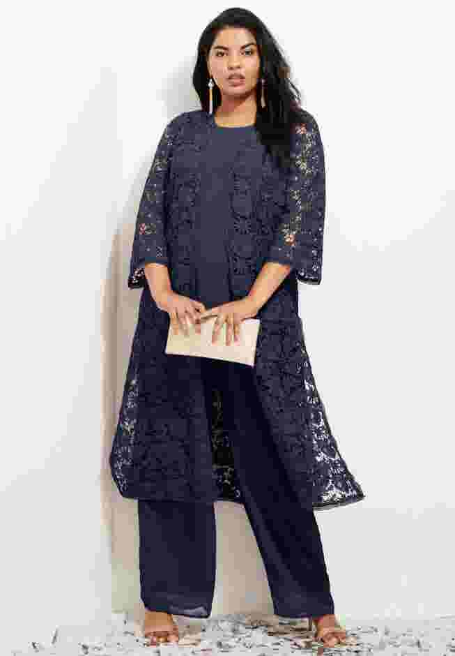 Plus Size Lace Duster & Pant Set image number 0