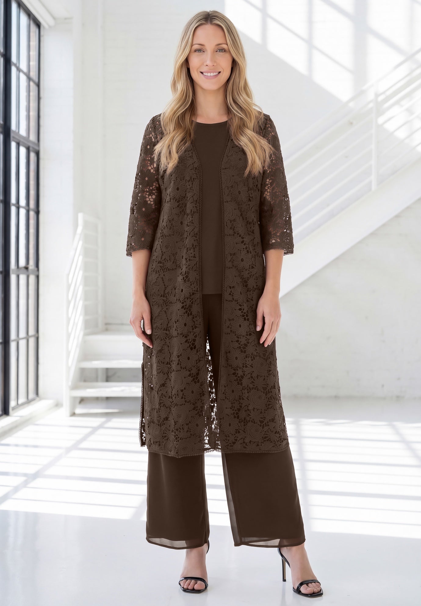 Plus Size 3-Piece Allover Lace Duster Pant Set &ndash; Formal Wear image number 0