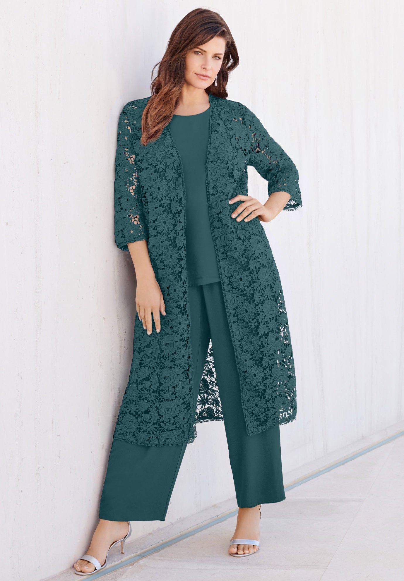 Plus Size 3-Piece Allover Lace Duster Pant Set – Formal Wear image number 0