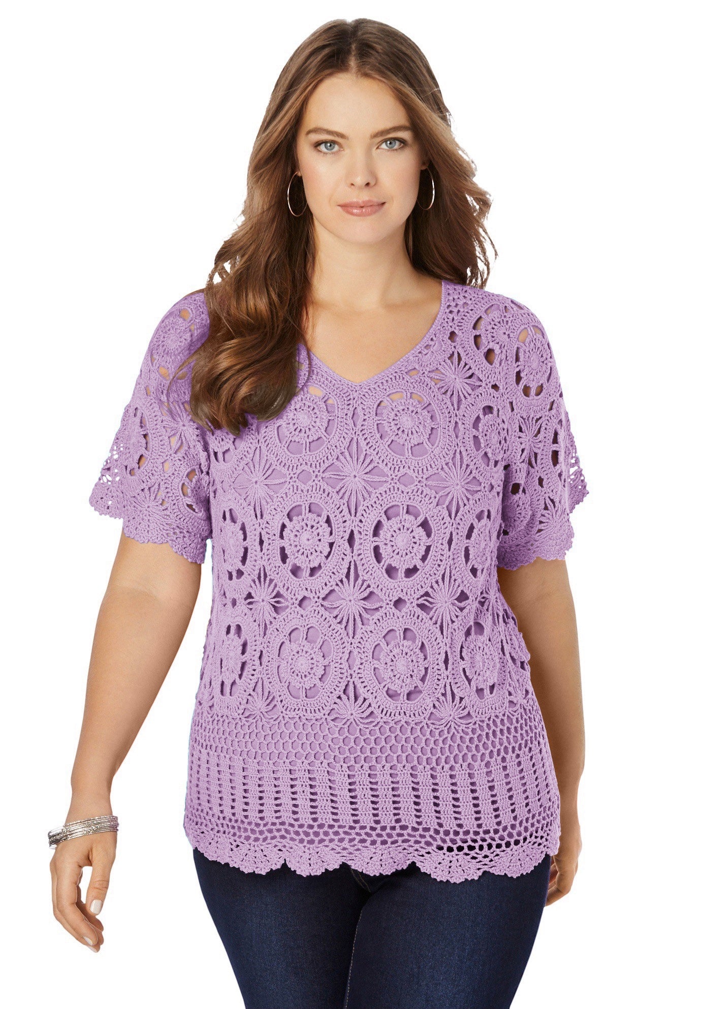 Plus Size Medallion Pattern French Crochet Sweater Top image number 0