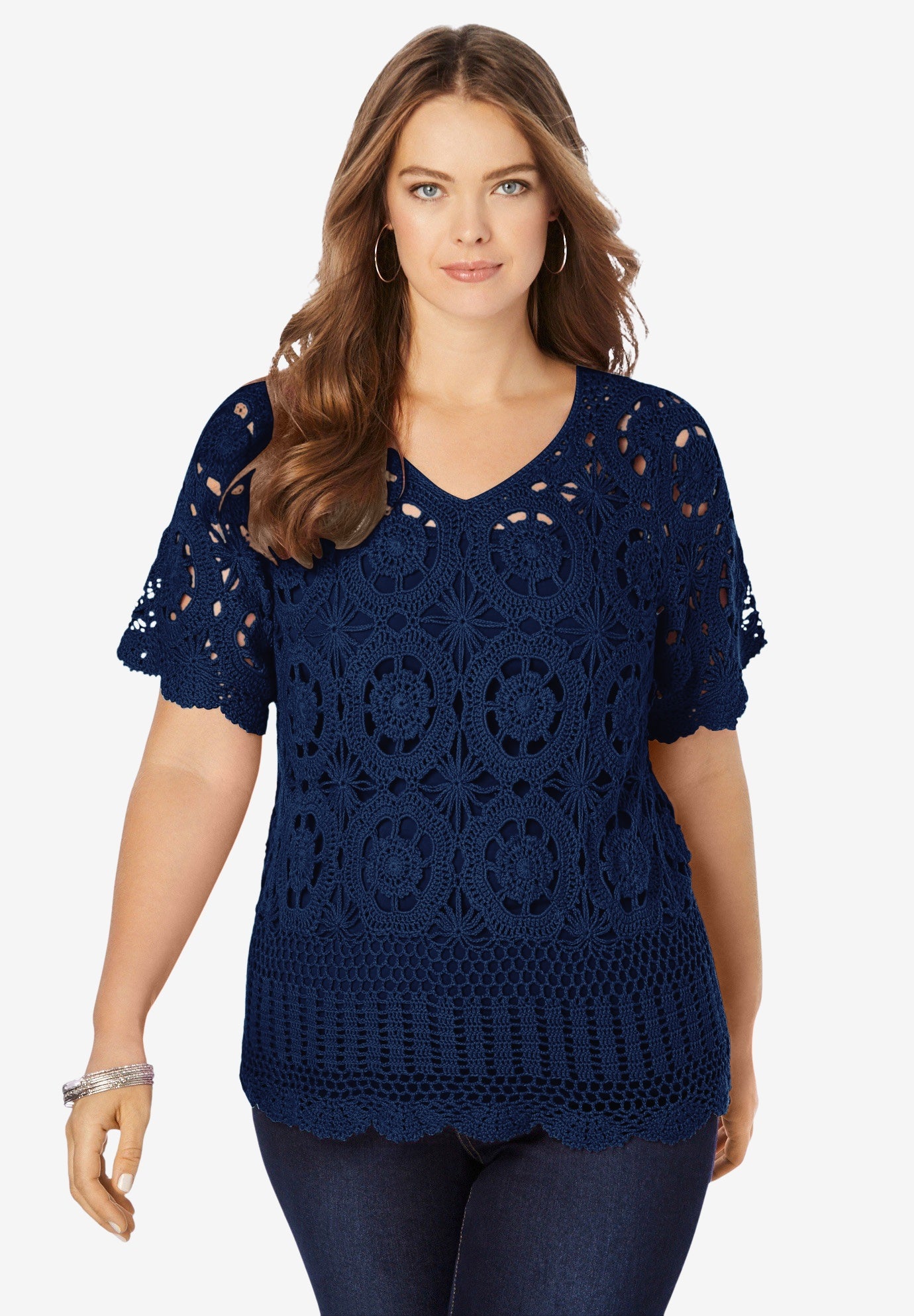 Plus Size Medallion Pattern French Crochet Sweater Top image number 0