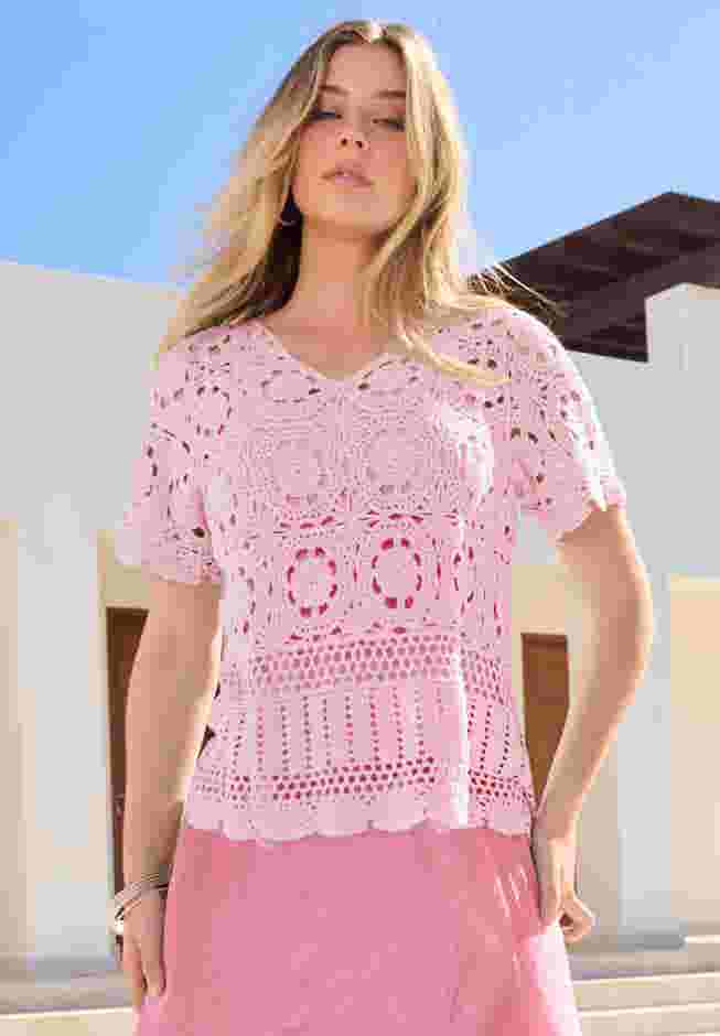 Plus Size Medallion Pattern French Crochet Sweater Top image number 0