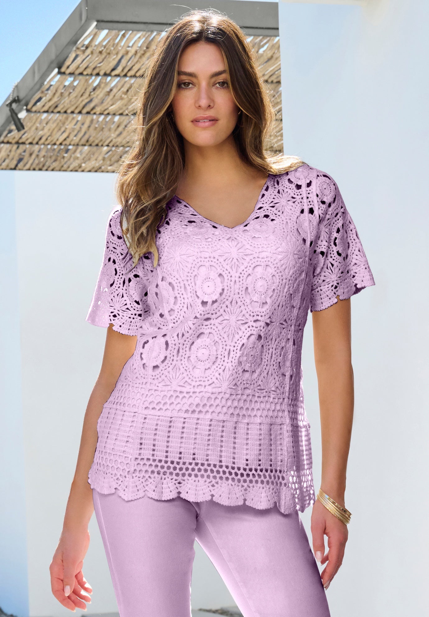 Plus Size Medallion Pattern French Crochet Sweater Top image number 0