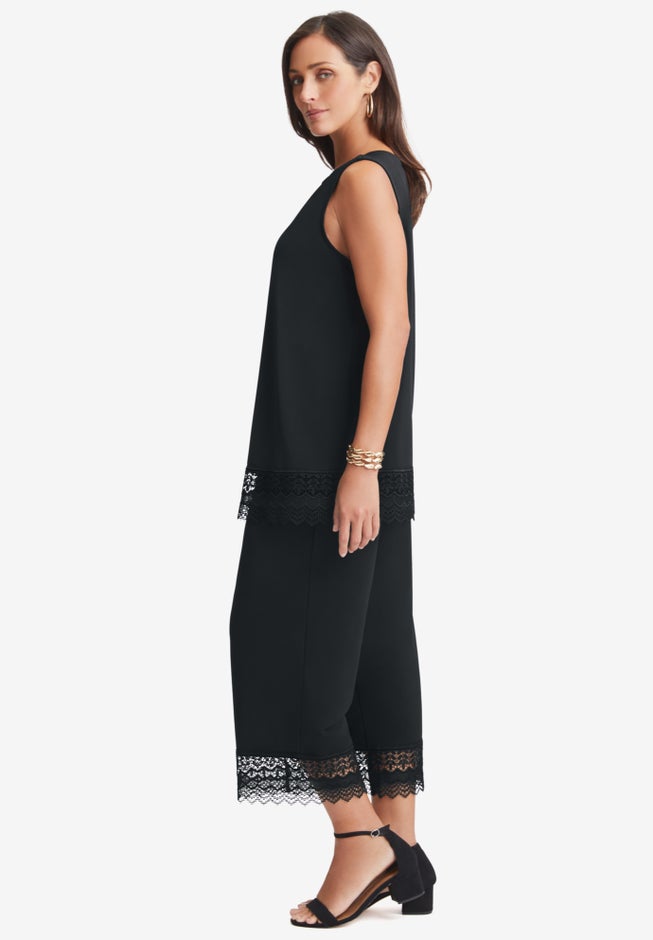 2-Piece Stretch Knit Lace Trim Crop Set image number 2