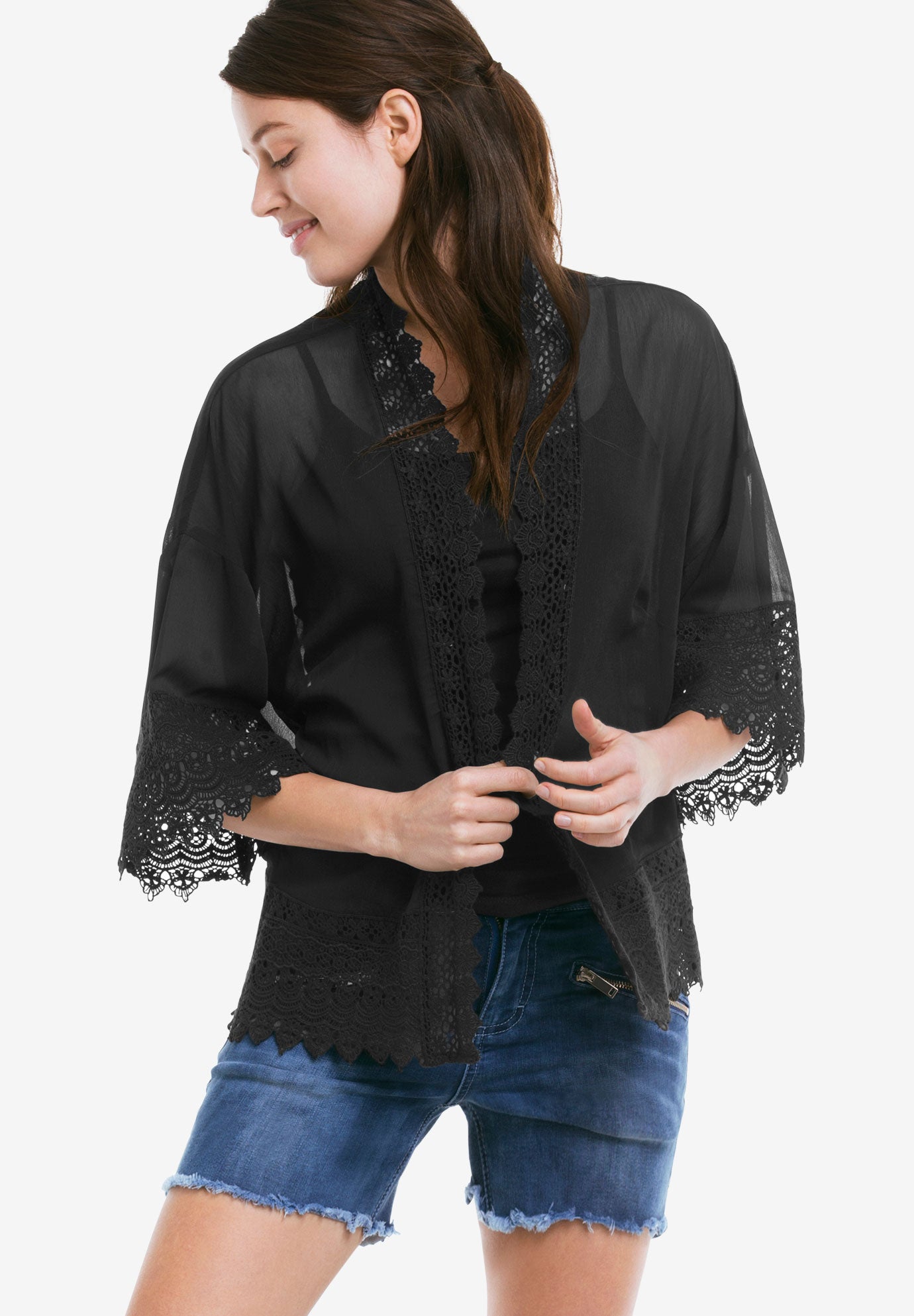 Sheer Lace Trim Kimono Cardigan image number 0