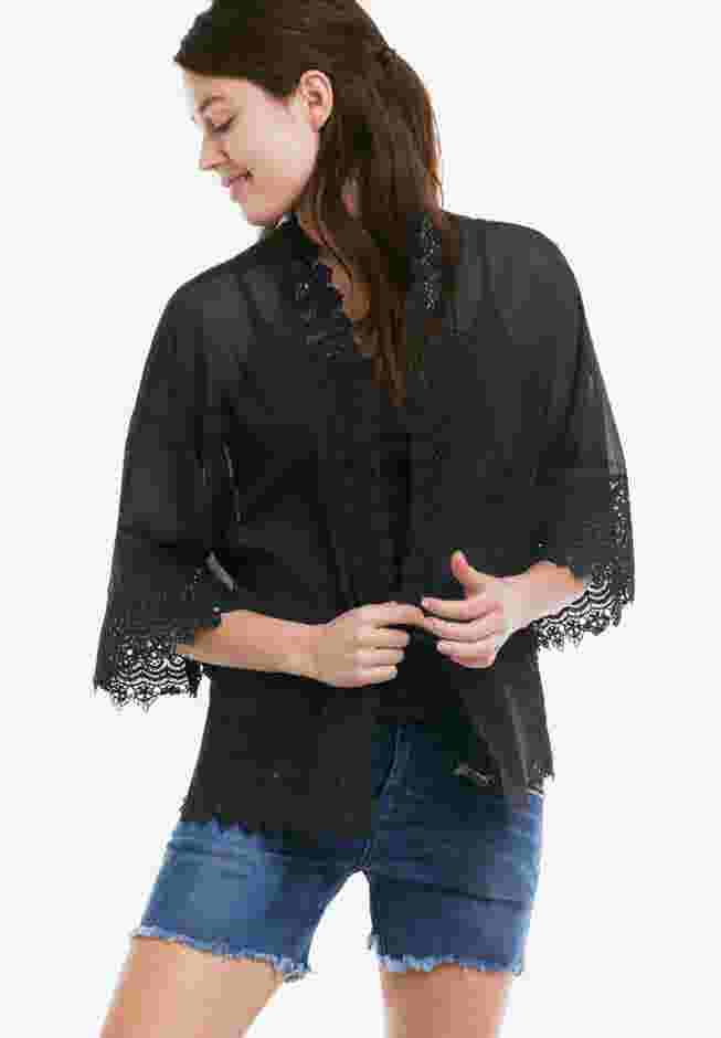 Sheer Lace Trim Kimono Cardigan image number 0