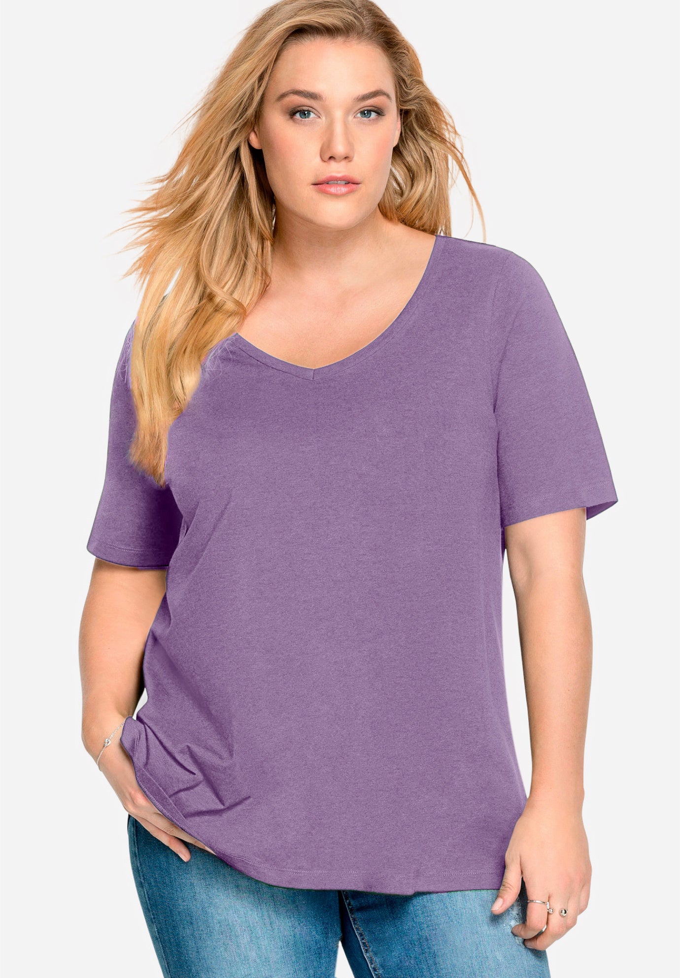 Stretch Knit V-neck Short Sleeve Tunic image number 0