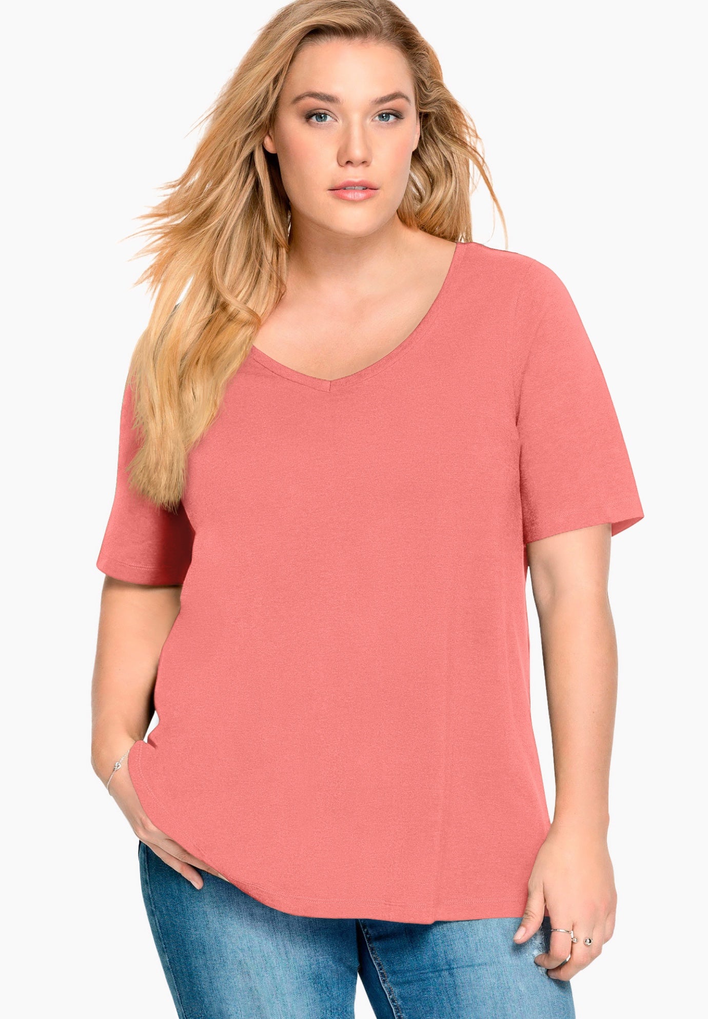 Stretch Knit V-neck Short Sleeve Tunic image number 0