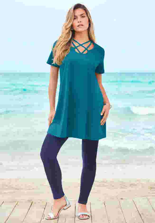 Fashionable Lattice-Neck Short Sleeve Ultimate Tunic, Deep Teal | Roaman's