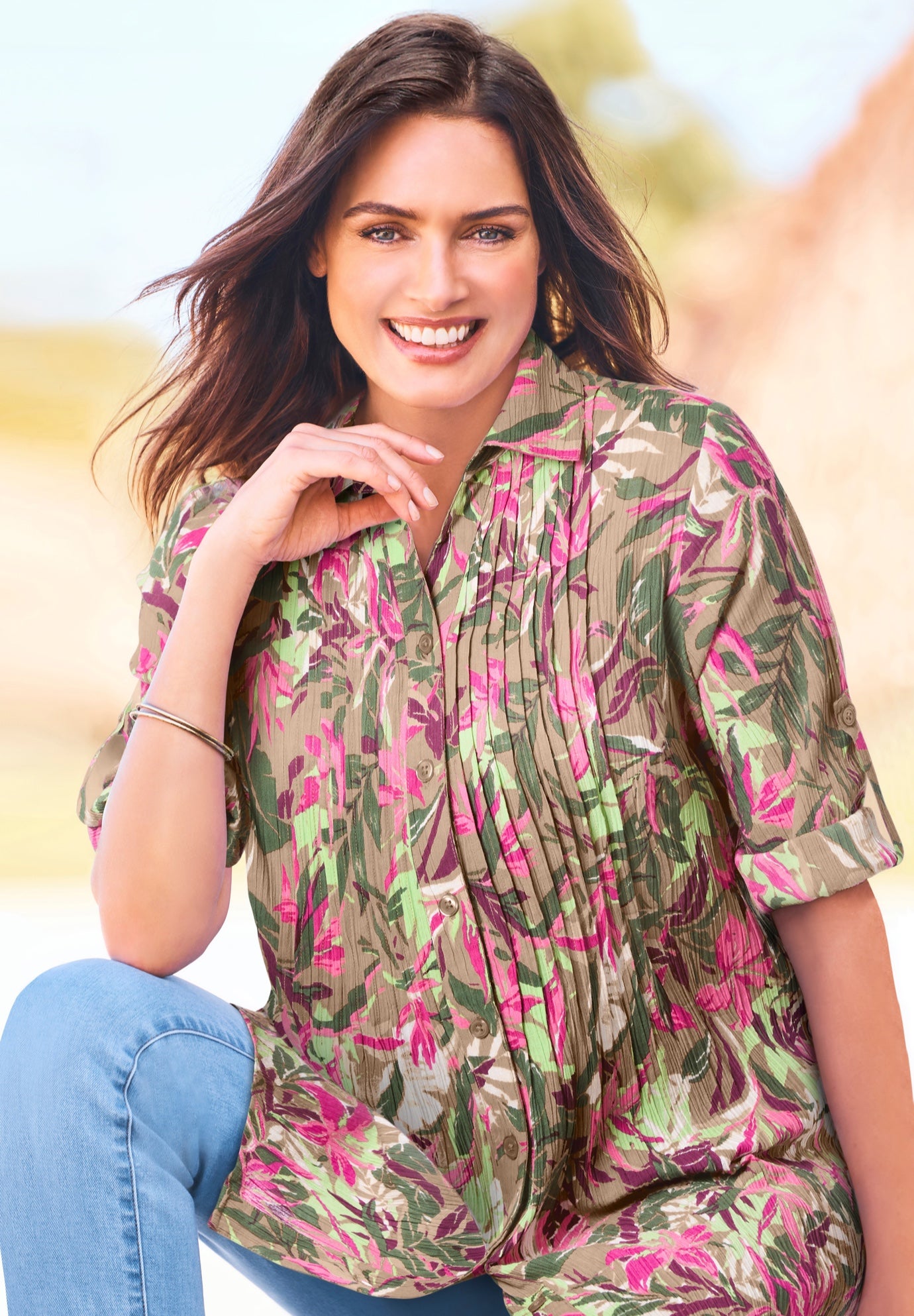 Pintucked Button Down Gauze Shirt image number 4