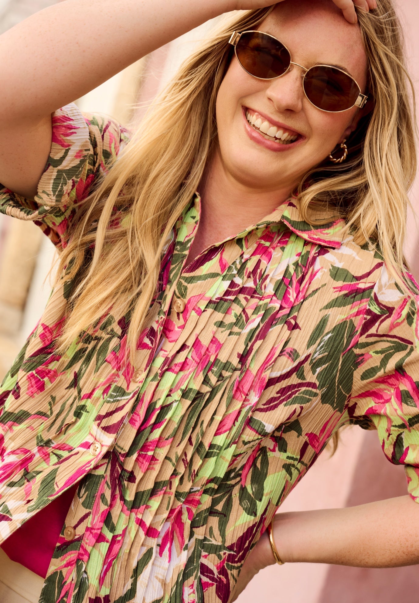 Pintucked Button Down Gauze Shirt image number 4